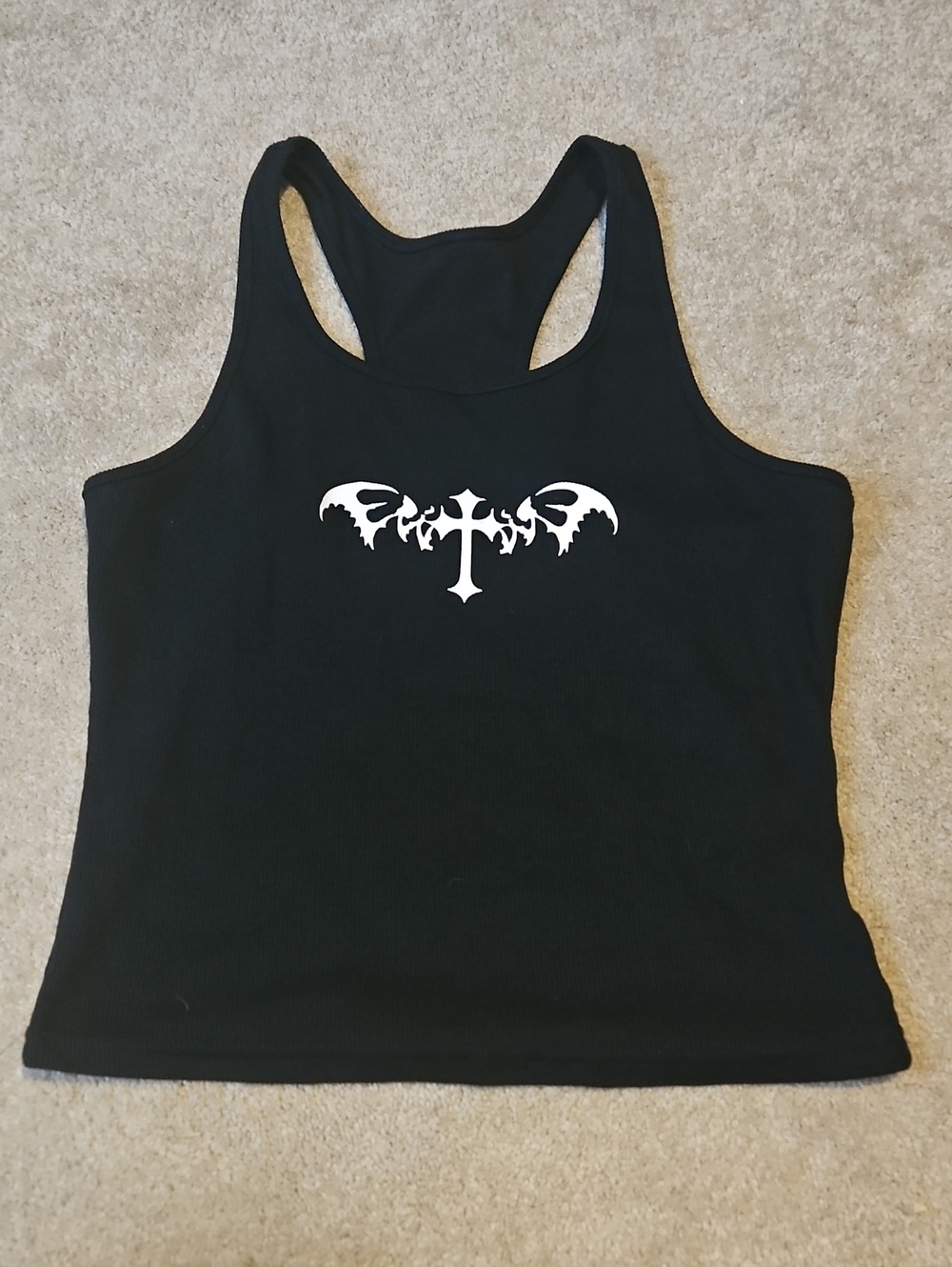 Black Racerback Tank Top with White Graphic